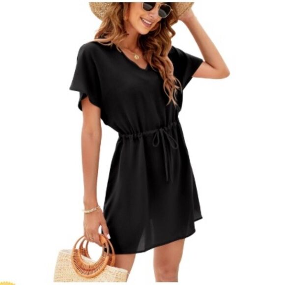 Bluetime Women Sz MED Casual V-Neck Summer Coverup Flowy Short Sleeve Drawstring - Picture 1 of 6